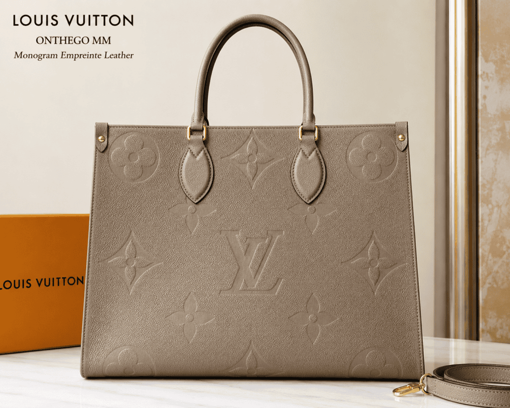 Louis Vuitton OnTheGo MM tote bag in dove grey Tourterelle Giant Monogram Empreinte leather featuring dual Toron top handles and gold-tone hardware.