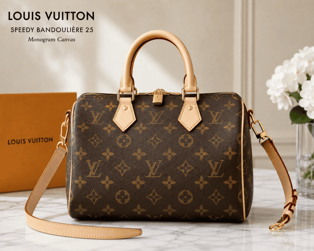 Louis Vuitton Speedy Bandoulière 25 handbag in brown Monogram coated canvas featuring natural cowhide Vachetta leather trims, dual rolled Toron handles, and a detachable shoulder strap with gold-tone hardware.