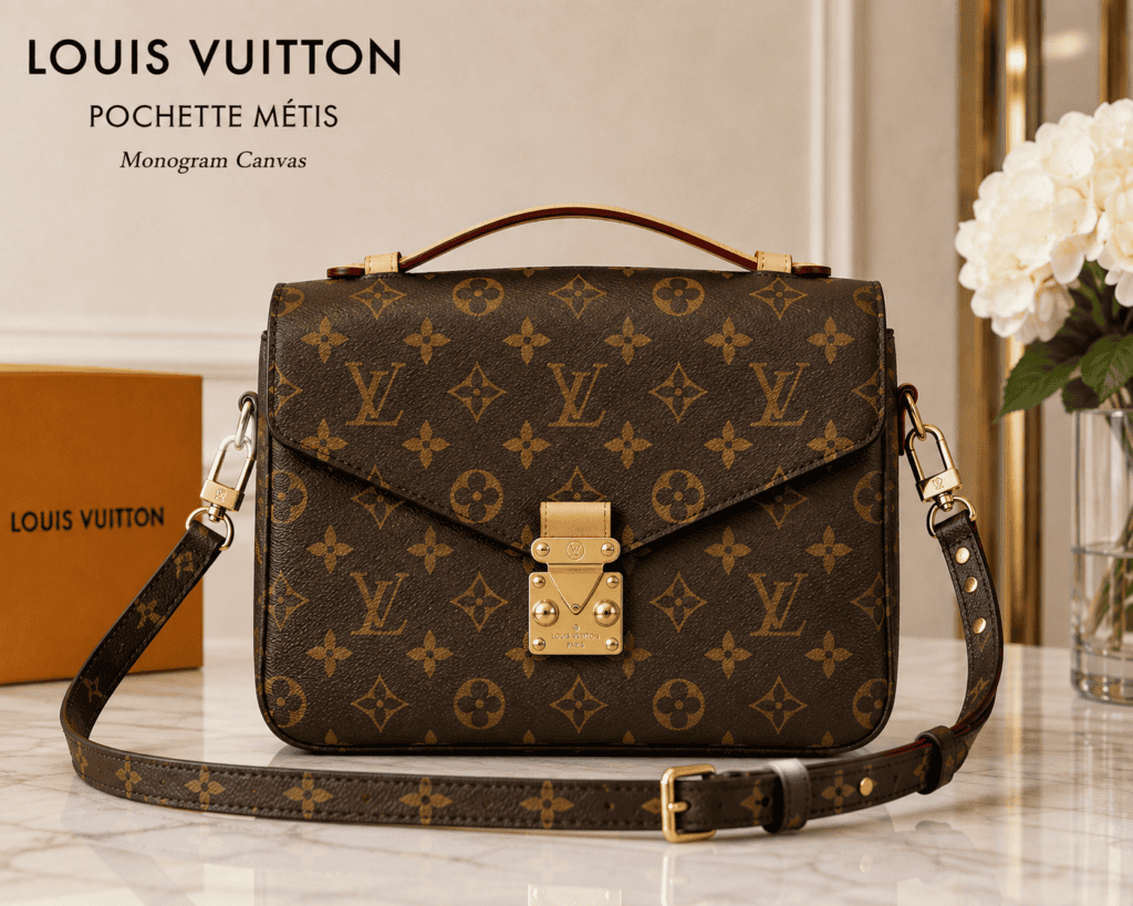 Louis Vuitton Pochette Métis satchel handbag in brown Monogram coated canvas featuring a natural Vachetta leather top handle, an engraved gold-tone S-lock closure, and an adjustable Monogram shoulder strap.