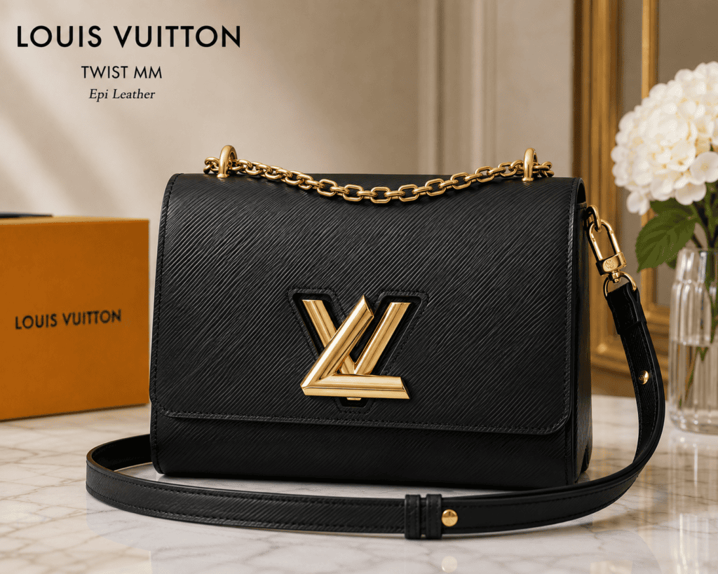 Louis Vuitton Twist MM shoulder bag in black textured Epi leather featuring a gold-tone LV twist-lock, sliding chain strap, and structured flap silhouette.