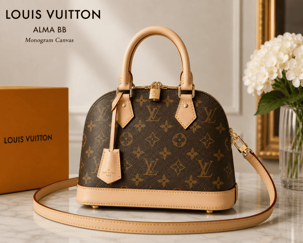 Louis Vuitton Alma BB handbag in brown Monogram coated canvas featuring natural leather Vachetta base and handles, an engraved gold-tone padlock, a hanging clochette, and a matching leather shoulder strap.