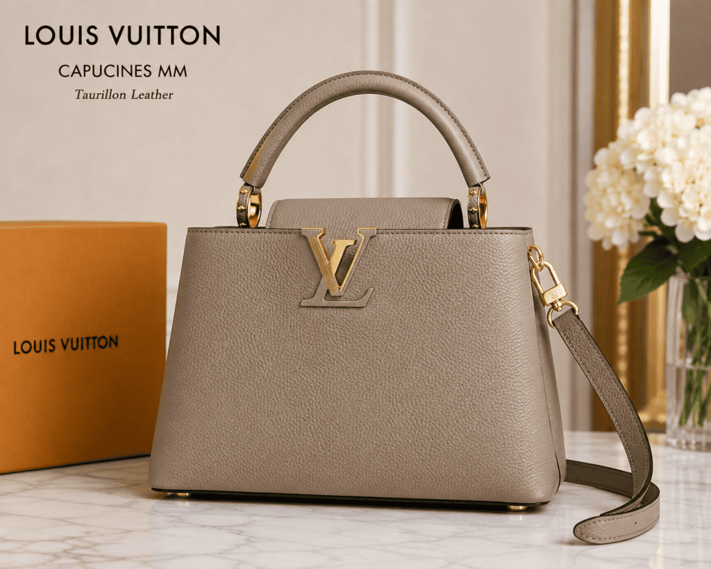 Louis Vuitton Capucines MM top handle bag in Galet grey grained Taurillon leather featuring a leather-wrapped LV initials logo, a single rigid handle, and a matching shoulder strap.