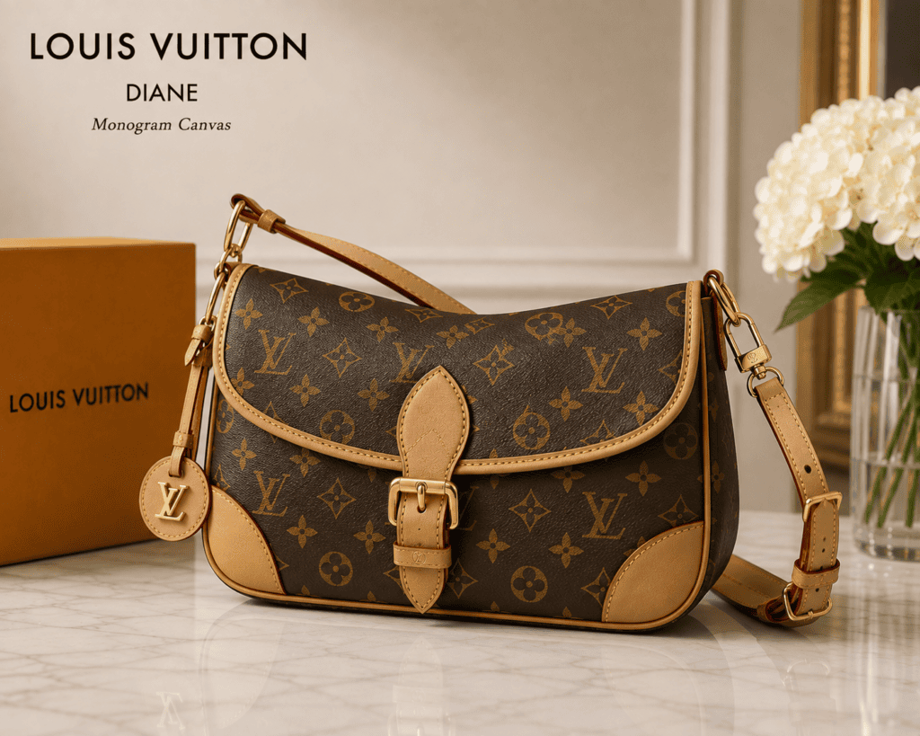 Louis Vuitton Diane shoulder bag in brown Monogram coated canvas featuring natural leather Vachetta corners, a front buckle strap, a gold-tone LV charm, and a detachable leather shoulder strap.