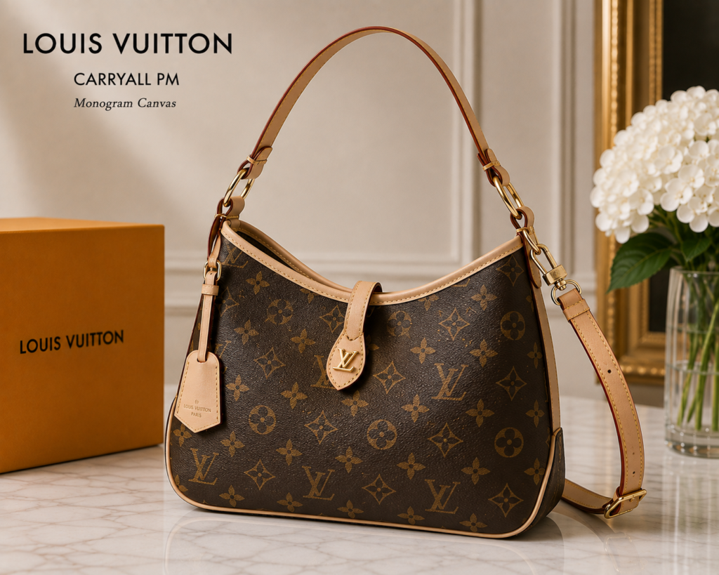Louis Vuitton CarryAll PM shoulder bag in brown Monogram coated canvas featuring natural leather Vachetta handles, side panels, an embossed leather name tag, a gold-tone LV buckle, and an adjustable shoulder strap.