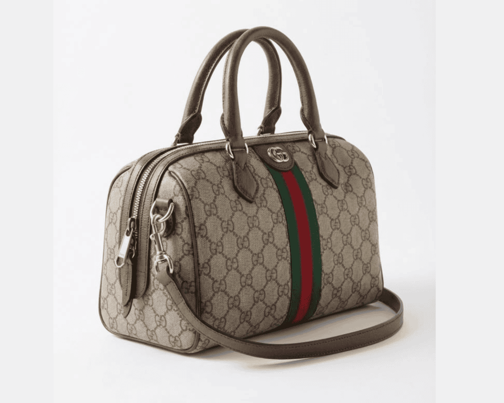 Gucci Ophidia Medium Boston bag in beige and ebony GG Supreme monogram canvas featuring brown leather trims, dual rounded handles, and the green and red House Web stripe with gold-tone Double G hardware.