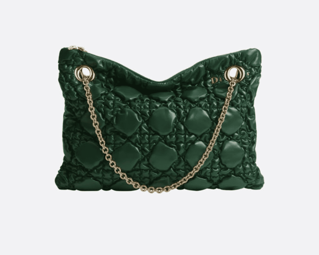 Dior Medium Milly-La-Forêt bag in Forest Bloom green Puffy Macrocannage calfskin leather featuring a slouchy hobo silhouette with a gold-tone metal double chain strap and signature eyelets.