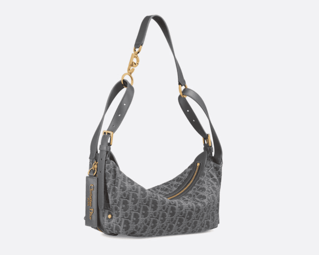 Dior Small D-Journey hobo bag in grey Oblique denim jacquard featuring an adjustable leather top handle strap, antique gold-finish hardware, and a Christian Dior leather tag.