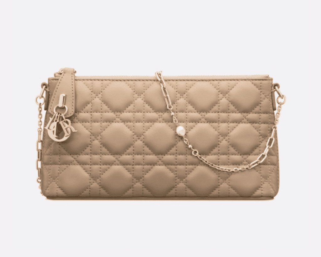 Dior Miss Dior Midi Mini Bag in Biscuit beige Cannage quilted lambskin leather featuring pale gold-finish metal D.I.O.R. charms, a zip-top closure, and a delicate jewelry chain shoulder strap punctuated with a resin pearl.