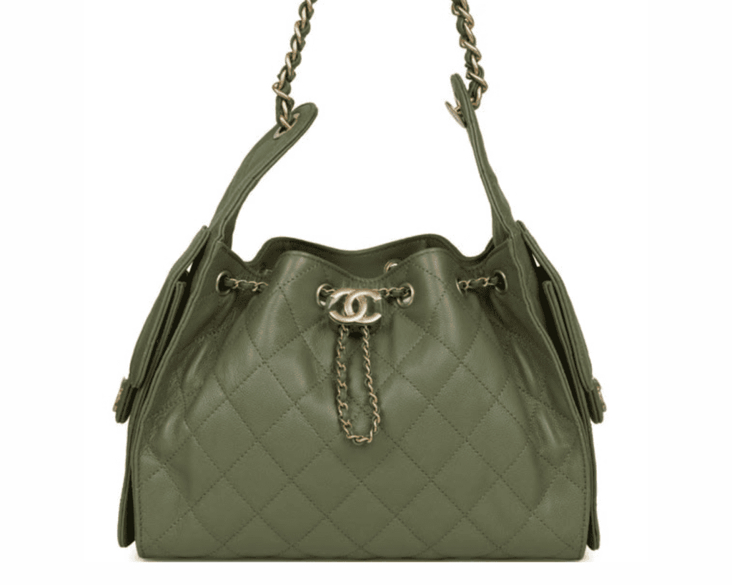 Chanel Small 25 hobo bag in dark khaki green quilted caviar leather with antique gold-tone interlocking CC drawstring charm and woven chain shoulder strap.