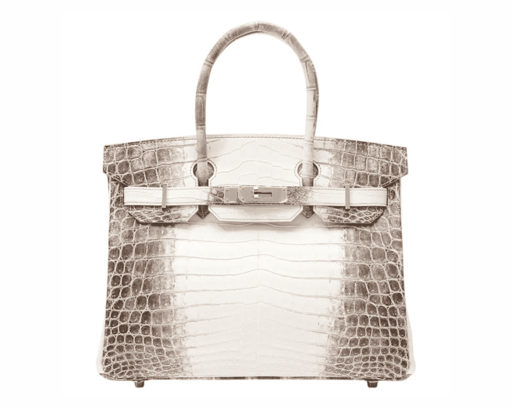 A studio front shot of an ultra-luxury Hermès Birkin 30 Himalayan bag crafted from matte Niloticus crocodile skin, showcasing a striking gradient colorway that transitions from a snow-white center to smoky grey flanks, two rolled top handles, and a polished silver-tone palladium turnlock closure.