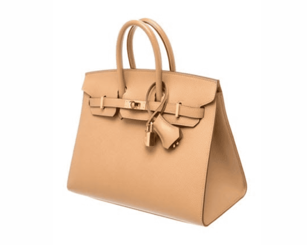 A side-angle studio shot of a structured beige-tan Hermès Birkin 30 handbag made of durable, cross-grained Epsom leather, featuring two rolled top handles, a hanging leather clochette with a padlock, and polished rose gold-tone turnlock closure hardware.