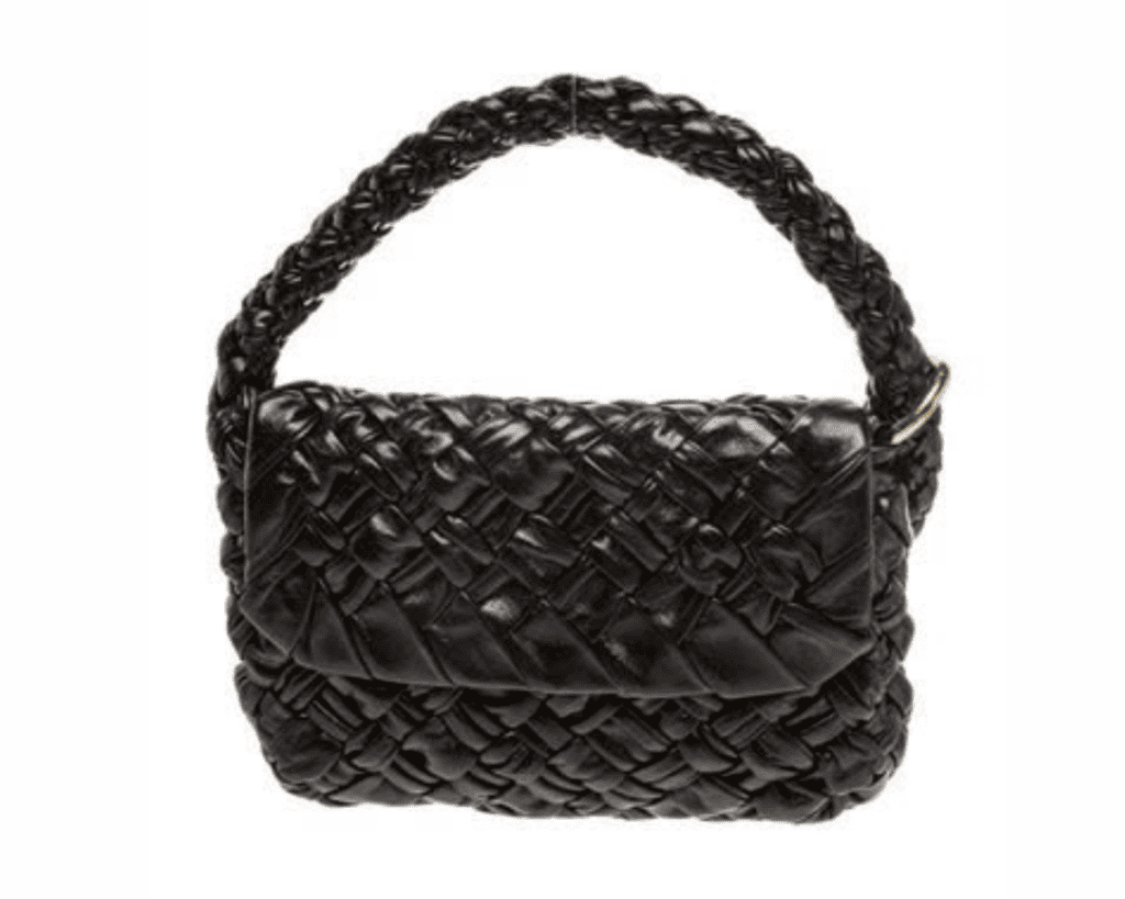 A studio front shot of a black leather Bottega Veneta Kalimero Città shoulder bag, showcasing a dense and highly textured gathered foulard Intreccio weave with a front flap and a matching braided leather rope shoulder strap.