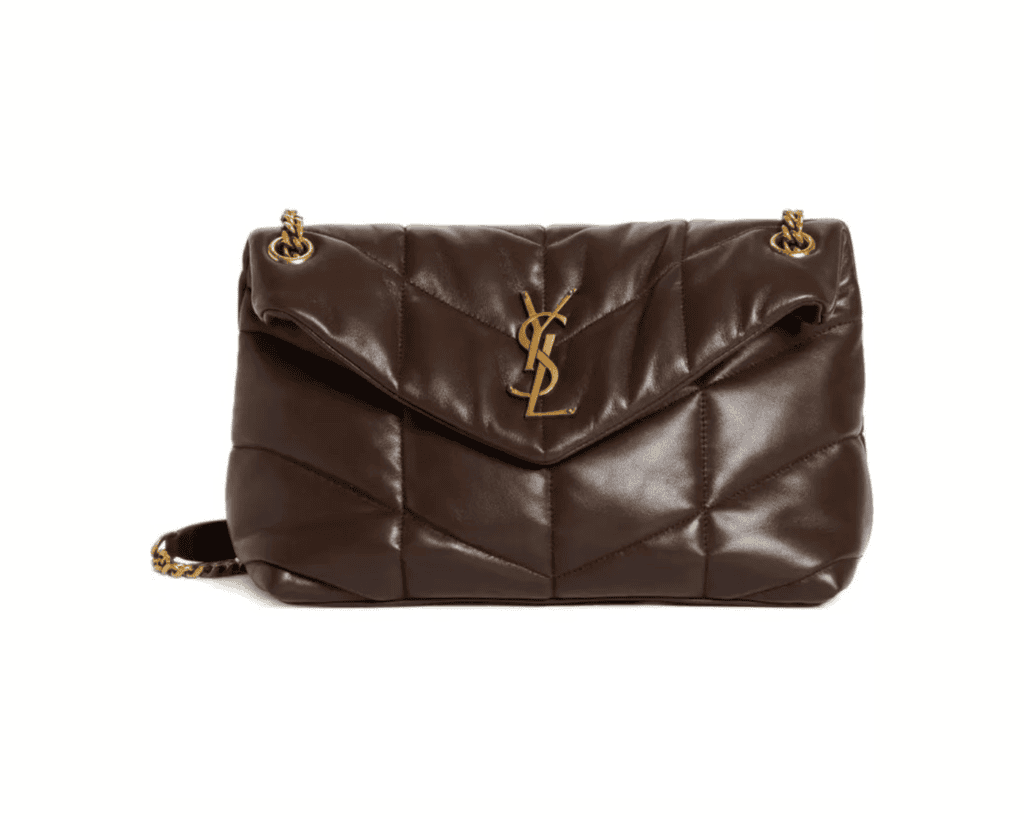 A dark brown quilted lambskin leather Saint Laurent Loulou Puffer shoulder bag with a padded envelope flap, featuring a central bronze-tone interlocking YSL initials logo and a gold-tone curb chain shoulder strap interwoven with brown leather.