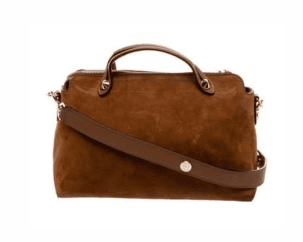 A tan-brown suede Fendi By The Way Boston bag featuring a structured rectangular shape, smooth brown leather collapsible top handles attached with silver hardware, a silver top zipper closure, and a wide matching brown leather shoulder strap draped across the front.