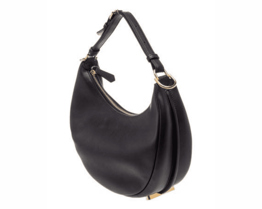 A black calfskin leather Fendi Fendigraphy small hobo shoulder bag The List, featuring a structured crescent silhouette Instagram, a top zipper closure The List, an adjustable leather handle The List, and prominent gold metal FENDI lettering along the bottom base The List.